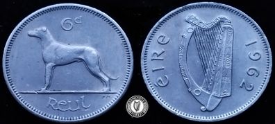 [#2436] - Ireland 1962 | Irish 6p | 6 Pence | Wolfhound | KM.13a