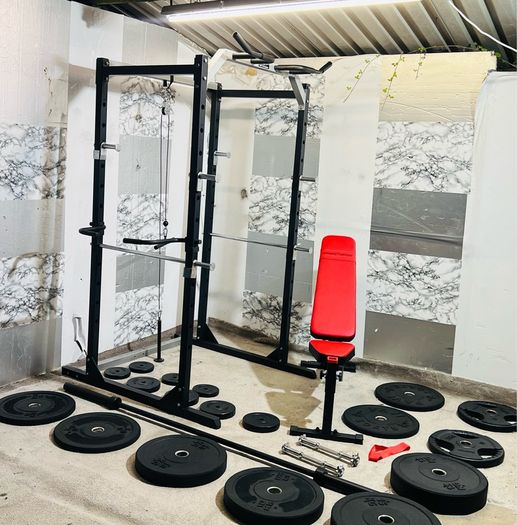 130 Kg Olympic Barbell Set Power Rack With Dip Attachments Bench Dumbbells