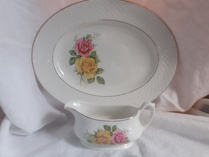 Staffordshire Floral Serving Plate  & Sauce  / Gravy Boat.