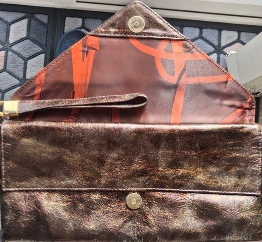 Dark Brown Metallic V-Shaped Envelope-Style Clutch Bag with Wrist Strap