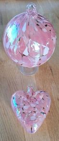 Pale Pink, White and Black Marbled Iridescent Decorative Glass Globe and Heart Hanging Ornaments