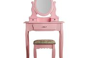 Bedroom Furniture Pink Dressing Table 3-Drawer Makeup Dresser Set with Stool Oval Mirror