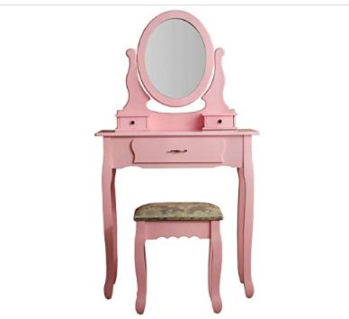 Bedroom Furniture Pink Dressing Table 3-Drawer Makeup Dresser Set with Stool Oval Mirror