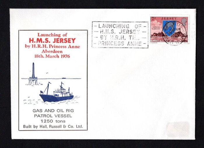 1976 Jersey Illustrated Cover Commemorating The launching of HMS Jersey by HRh The Princess Anne tying 7p La Corbiere Lighthouse definitive stamp on 18th March 1976.