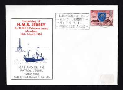 1976 Jersey Illustrated Cover Commemorating The launching of HMS Jersey by HRh The Princess Anne tying 7p La Corbiere Lighthouse definitive stamp on 18th March 1976.