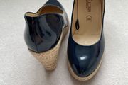Navy patent leather wedge shoes