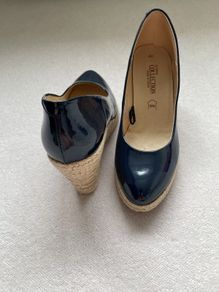 Navy patent leather wedge shoes