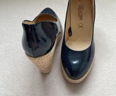 Navy patent leather wedge shoes