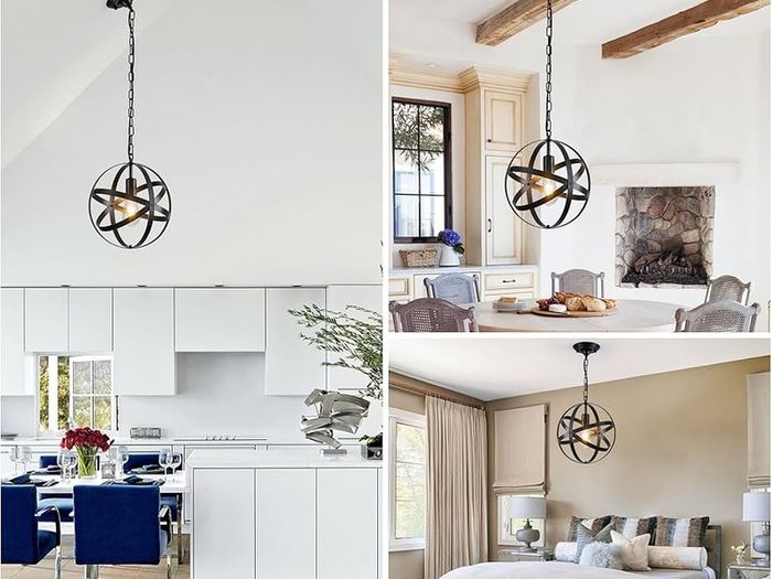 Pendant Light Industrial Globe Farmhouse Lighting Vintage Chandelier Spherical Hanging Ceiling Fixture for Kitchen Island Dining Table E27 Black 1 Light