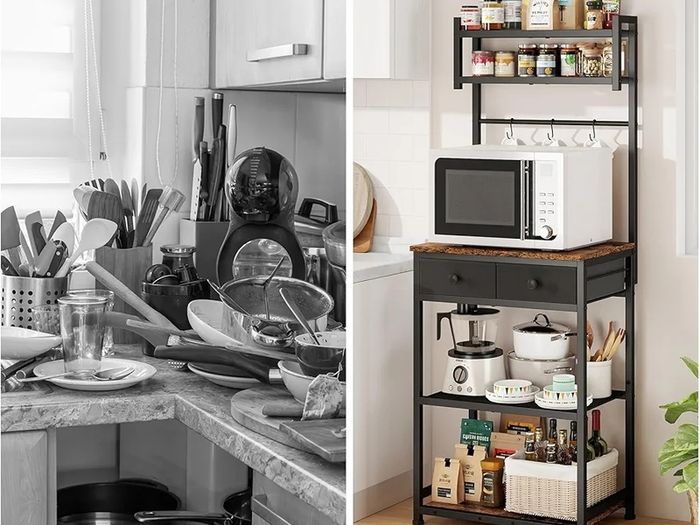Coffee Bar Station, 6-Tier Coffee Stand with Storage and Drawers, Kitchen Corner Bakers Rack Microwave Stand with Metal Wire Panel & Hooks, Utility Storage Shelf for Small Spaces, Living Room