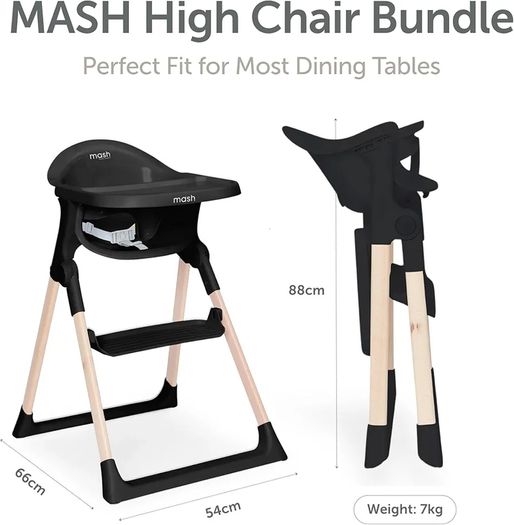 Mash High Chair Bundle by Baby Elegance | Includes Newborn Seat (0-6 Months), Toddler Seat (6+ Months) & Black Cushion | Adjustable Black High Chair for Babies & Toddlers