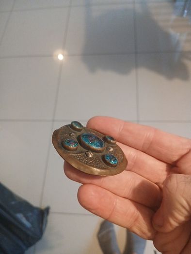 Antique arts and crafts copper brooch, Ruskin style ,foiled glass cabochons.c.1900 _1920