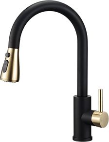 Pull Out Kitchen Sink Mixer Tap Mono Matte Black and Brushed Gold Kitchen Faucet with Pull Down Spray, Modern Single Lever Swivel Bar Taps 1 Hole with 3 Mode Spray Head