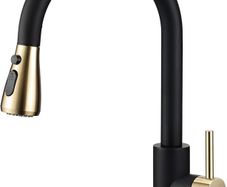 Pull Out Kitchen Sink Mixer Tap Mono Matte Black and Brushed Gold Kitchen Faucet with Pull Down Spray, Modern Single Lever Swivel Bar Taps 1 Hole with 3 Mode Spray Head
