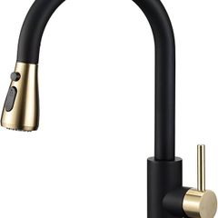 Pull Out Kitchen Sink Mixer Tap Mono Matte Black and Brushed Gold Kitchen Faucet with Pull Down Spray, Modern Single Lever Swivel Bar Taps 1 Hole with 3 Mode Spray Head
