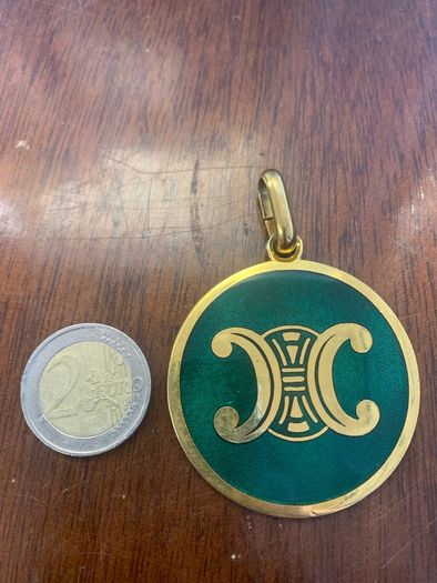 Vintage Celine Paris Triomphe Logo Green Enamel Medallion Pendant