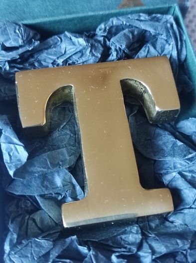 Initial T brass paperweight
