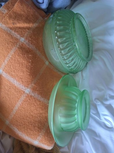 Vintage 1930s Art Deco Davidson Frosted Green Satin Glass Centerpiece Float Bowl & Pedestal Stand Set