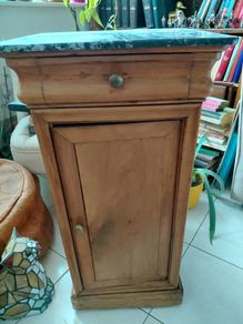Antique Louis Phillippe style bedside table grey white veined marble top