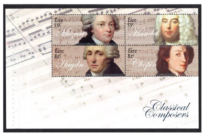2009 Ireland Classical Composers Commemorate Stamp Booklet Pane featuring Handel, Mozart, Choplin & Haydin Mint Never Hinged (MNH). Hibernian HP187a