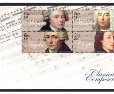 2009 Ireland Classical Composers Commemorate Stamp Booklet Pane featuring Handel, Mozart, Choplin & Haydin Mint Never Hinged (MNH). Hibernian HP187a