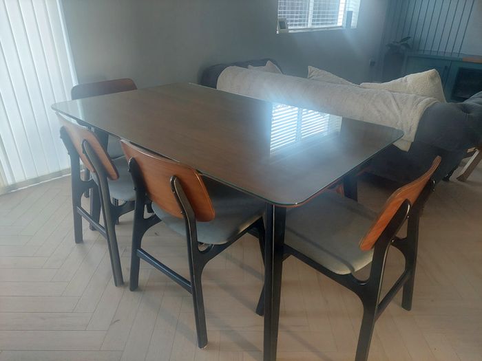 Dining table 4 chairs and bench.