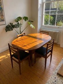 G Plan Mid Century Teak Oval Console Drop Leaf Dining Table & 4 Chairs