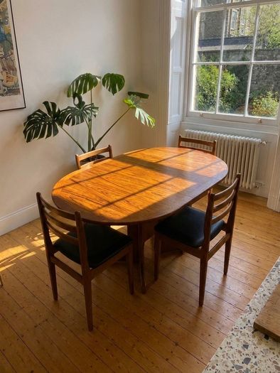 G Plan Mid Century Teak Oval Console Drop Leaf Dining Table & 4 Chairs