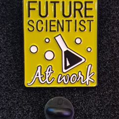 Future scientist at work, pin back badge.