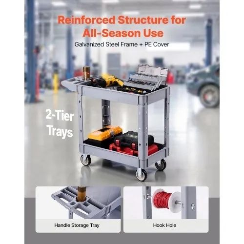 Utility Cart, 250 kg Capacity, 2 Tier Service Cart with 360 Swivel and Fixed Wheels (2 with Brakes), Heavy Duty Plastic Rolling with Storage Tray, Tool Storage for Garage Warehouse Workshop