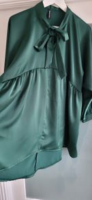 MADE IN ITALY bottle green silk style pussy bow longline blouse Sz XL (Fit 16-20UK) - Bnwot - Rrp 44.95