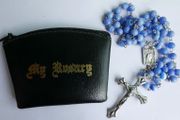 Vintage Rosary With Blue Beads and Rosary Pouch