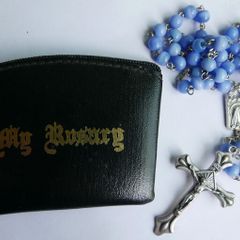 Vintage Rosary With Blue Beads and Rosary Pouch