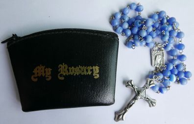 Vintage Rosary With Blue Beads and Rosary Pouch