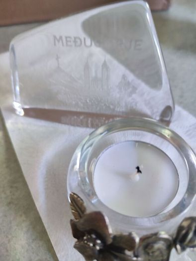 Set of  2 holy items Medugorje holy small glass pulque and night light holy candle holder.