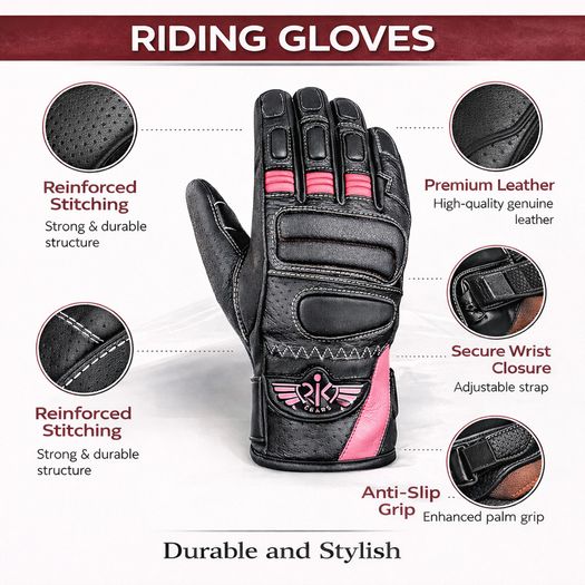 Premium Women Black & Pink Leather Riding Gloves