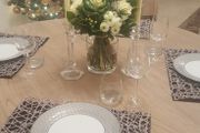 Beautiful solid oak &amp; hand painted - antique French style dining table and with 4 rattan/ weave chairs