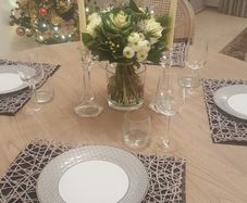 Beautiful solid oak & hand painted - antique French style dining table and with 4 rattan/ weave chairs