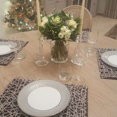 Beautiful solid oak & hand painted - antique French style dining table and with 4 rattan/ weave chairs