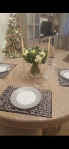 Beautiful solid oak & hand painted - antique French style dining table and with 4 rattan/ weave chairs