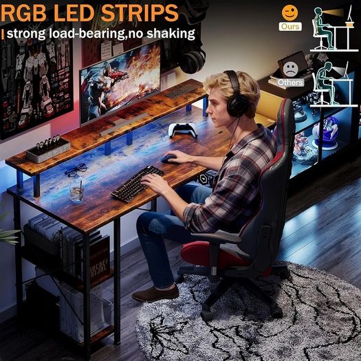 Gaming Desk with LED Lights & Power Outlets, 120 50cm Computer Desk with Storage Shelves & Dual Monitor Stand, for Home Office Study Bedroom Small Spaces, Brown