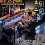 Gaming Desk with LED Lights & Power Outlets, 120 50cm Computer Desk with Storage Shelves & Dual Monitor Stand, for Home Office Study Bedroom Small Spaces, Brown Image 5