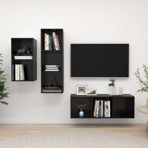 3 Piece TV Cabinet Set High Gloss Black Chipboard