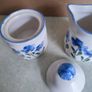 Vintage 1990s small hand-painted blue floral ceramic creamer and sugar bowl set with lid flower 90s Image 2
