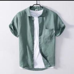 100% Linen Men's Shirt, Size M, Green