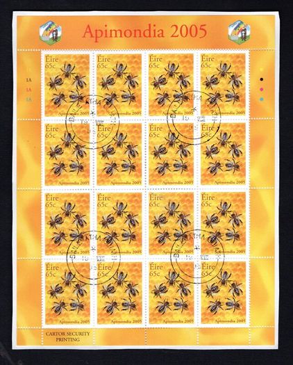 2005 Ireland Apimondia (Bee-Keeling) Commemorative Stamp Sheetlet Plate 1A1A1A1A Mint Fine CDS Used with Dublin cancel of 19th August 2005 (First day of issued) on envelope extract