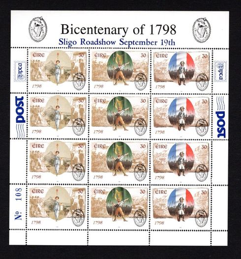 1998 Ireland Sligo Roadshow Exhibition Souvenir on 1998 Bicentenary of United Irish Rebellion Sheetlet Commemorative Stamps Mint Never Hinged (MNH) No 108
