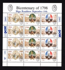 1998 Ireland Sligo Roadshow Exhibition Souvenir on 1998 Bicentenary of United Irish Rebellion Sheetlet Commemorative Stamps Mint Never Hinged (MNH) No 108