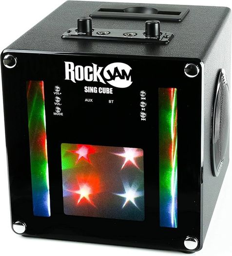 FREE EXPRESS SHIPPING Singcube 5-Watt Rechargeable Bluetooth Karaoke Machine with Two Microphones, Voice Changing Effects & LED Lights, Black