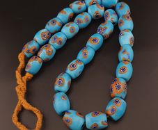 Vintage Blue Millefiori Glass Beads Strand Necklace 22 inches Long